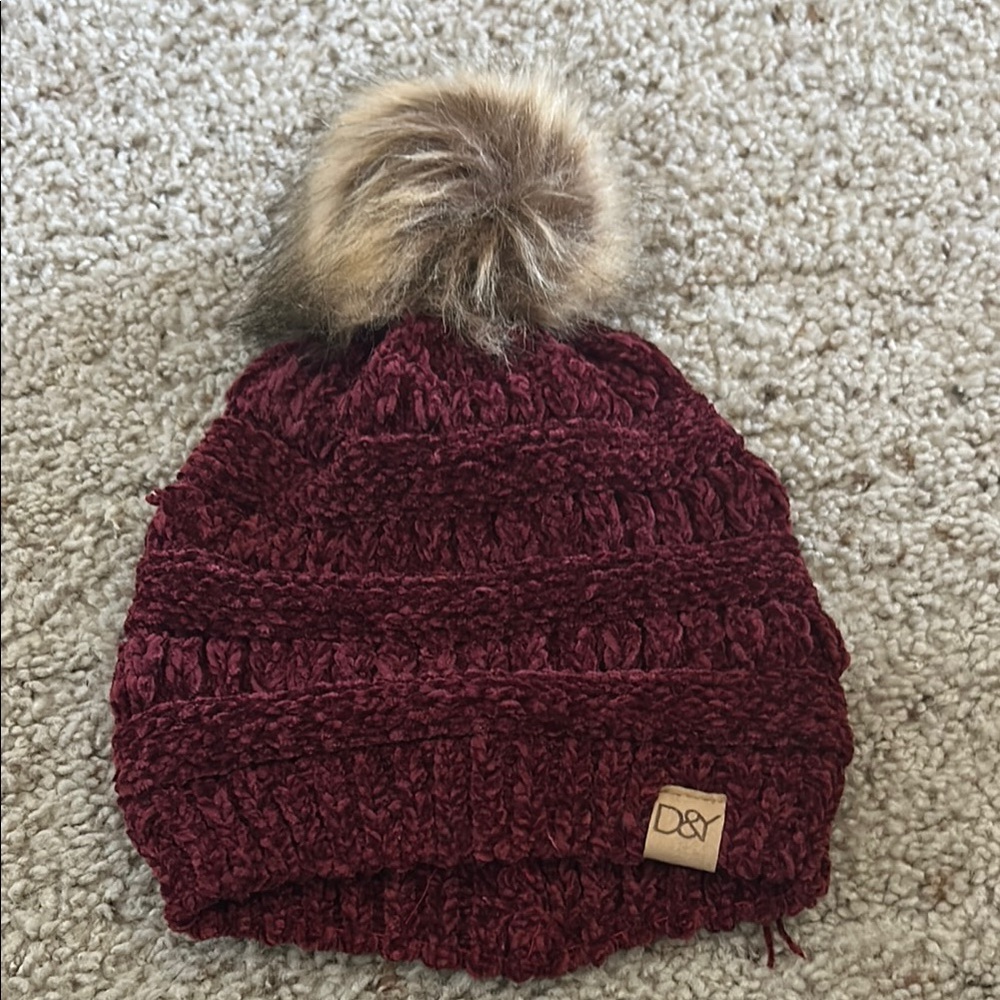 D&Y Maroon Knit Beanie with Pom-Pom